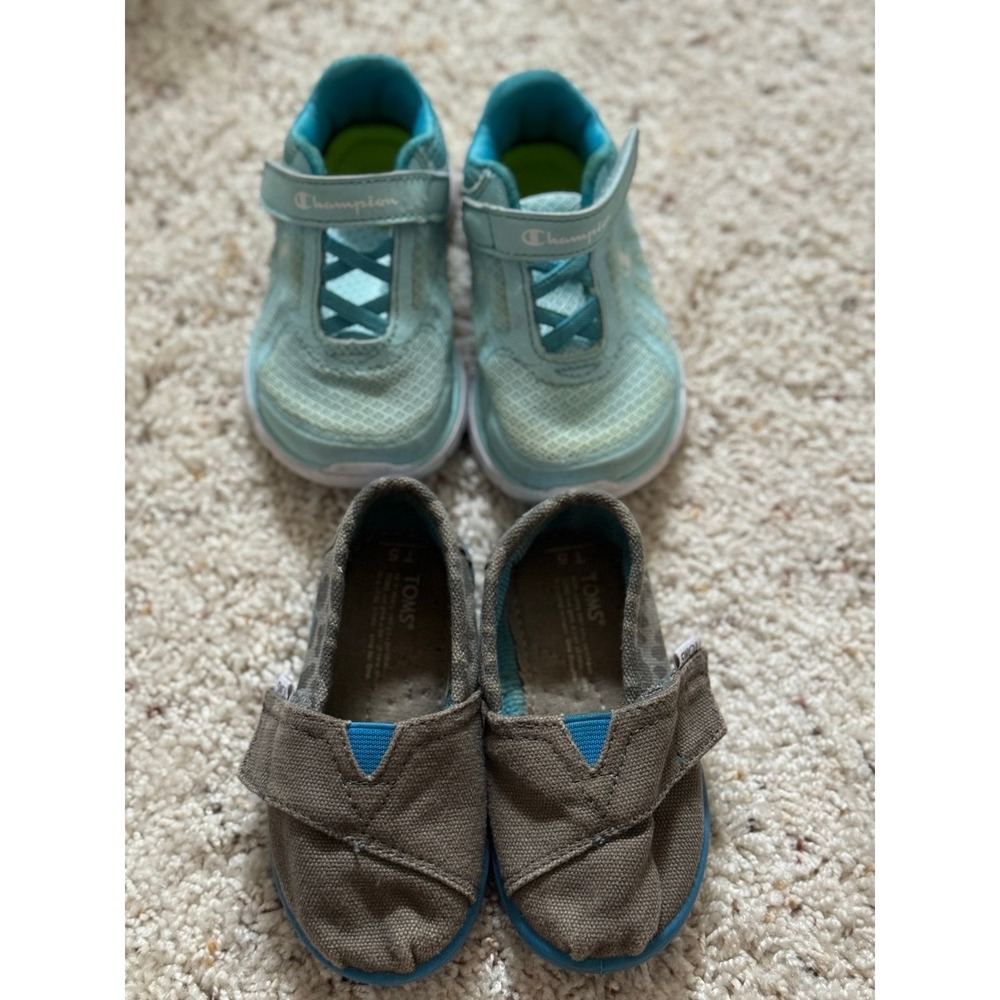 Champion & Toms Toddler Girls Shoes Bundle Blue Gray Slip On Sneakers Size 5